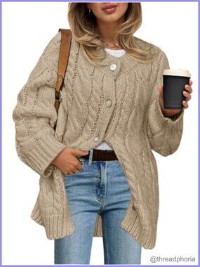 Cable Knit Chunky Button Up Crew Neck Long Sleeve Oversized Cardigan Sweater